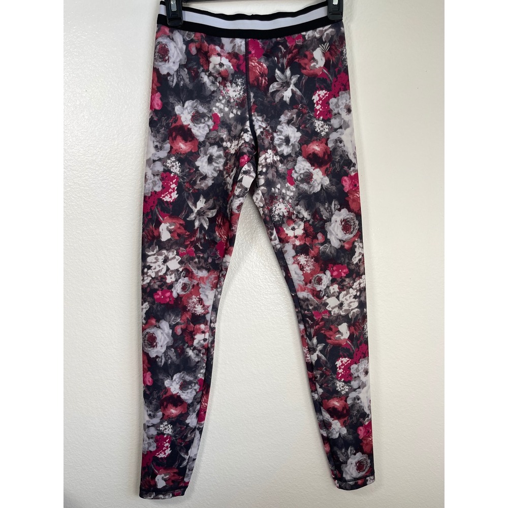 Forever 21 Womens Floral Active Leggings Small Pink Grey Striped Waist Yoga Pant